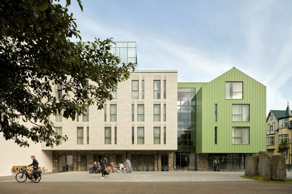 Modern architecture building in Reykjavik Iceland with large windows