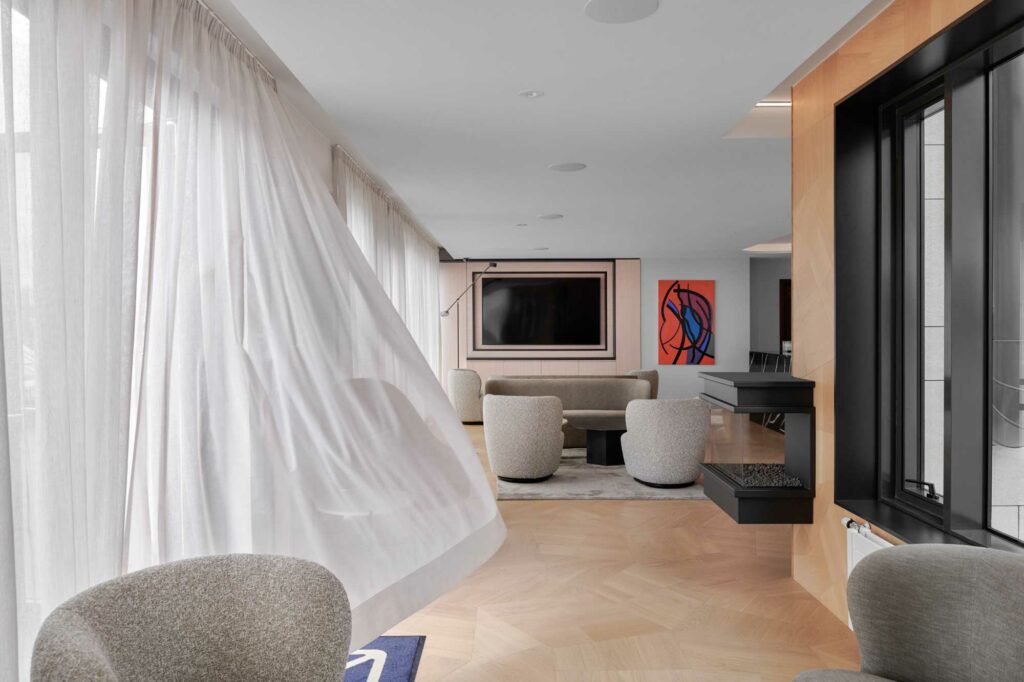 Lounge room with minimal design and flying curtain
