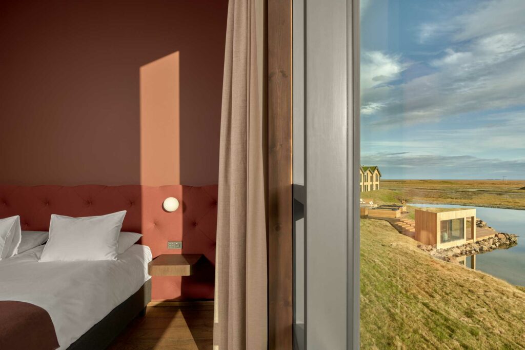 Hotel room overlooking the pool and the steam room