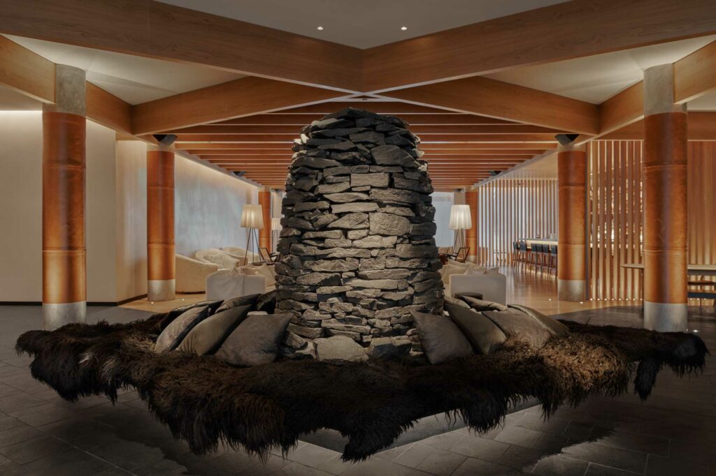 Cairn inside a luxury hotel in Reykjavik with leather columns